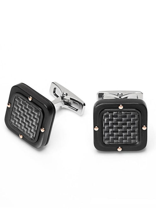Baraka Black One Cufflinks 18k Rose Gold Stainless Steel Carbon Fiber 16mm
