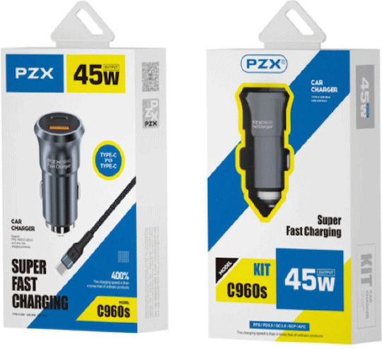 PZX PZX Handy-Autoladegerät 45W mit Anschlüssen 1xUSB 1xType-C inklusive Kabeltyp Type-C Schwarz