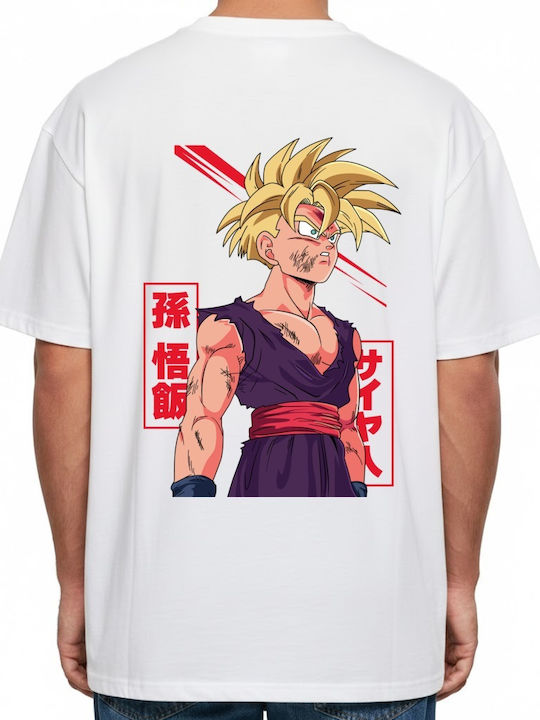 Оувърсайз Тениска Super Saiyan 2 Gohan Battle Damaged Pop Culture Бяла