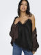 Women's Satin Blouse with Lace Black