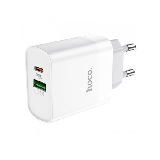 Hoco Hoco Kabelloser Handyladegerät mit USB-A und USB-C Ausgangsanschlüsse 20W Stromlieferung / Schnellladetechnologie 3.0 Weiß (DC82)