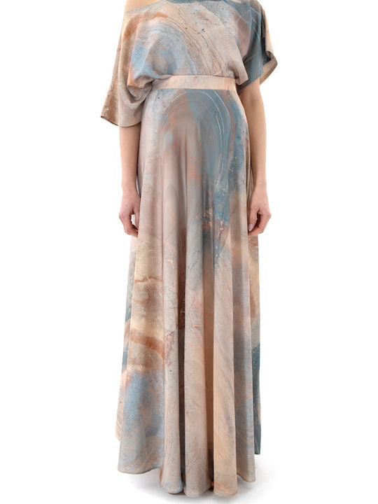 Satin High Waist Maxi Skirt Brown Beige Blue