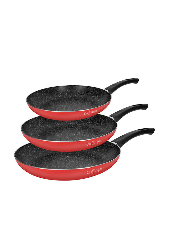 Cheffinger Комплект Тигани 20 24 28 См С Мраморно Покритие С Дръжка Soft-grip Червени