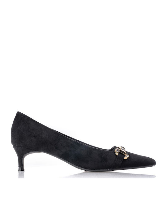 Suede Pointed Toe Heels with Thin Low Heel Black