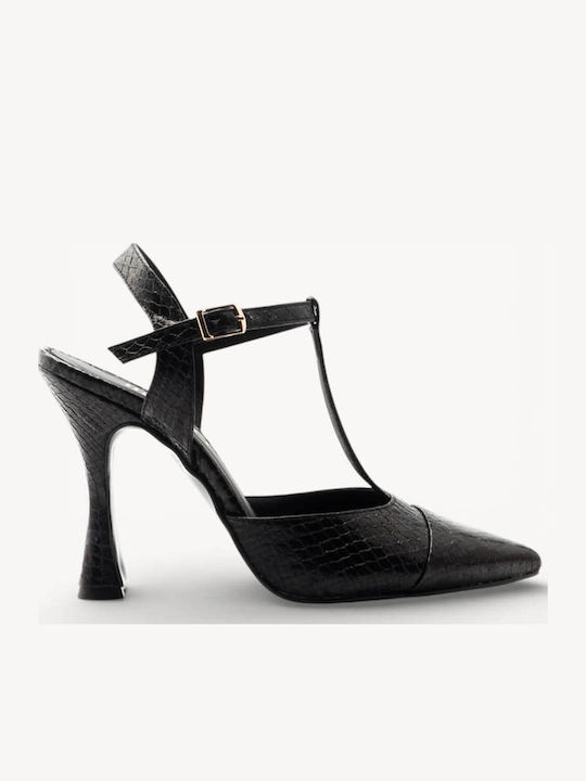 Schwarze Pumps T-bar Schlangenmuster Hochhackig