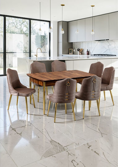 Orchidea Dining Room Furniture Set for 6 People in Walnut Brown 132x80x75cm