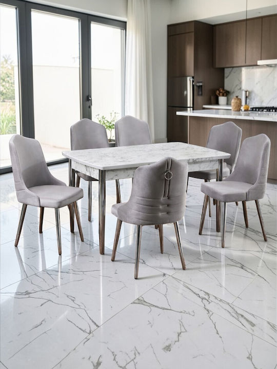 Orhideea Set 6 Persoane Marmură Alb Argintiu - Alb/Gri 132x80x75cm