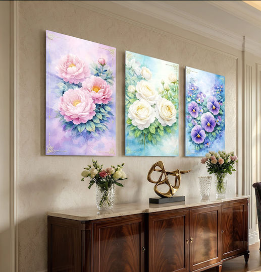 Set Triplu Panouri Din Sticlă Cu Flori Multicolore (60x90cm)