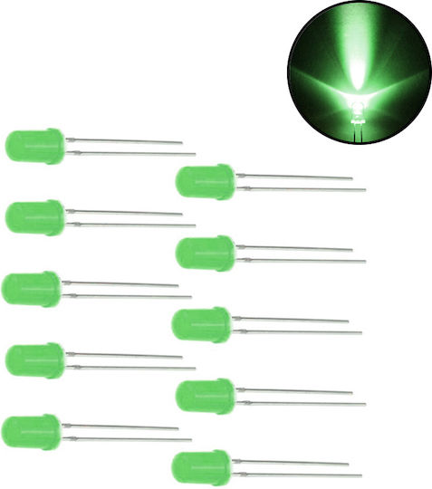Σετ Led Δίοδοι 5mm 2v Τύπου F5 Πράσινο 10τμχ