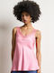 Women's Satin Blouse with Spaghetti Straps & V-Neckline Pink