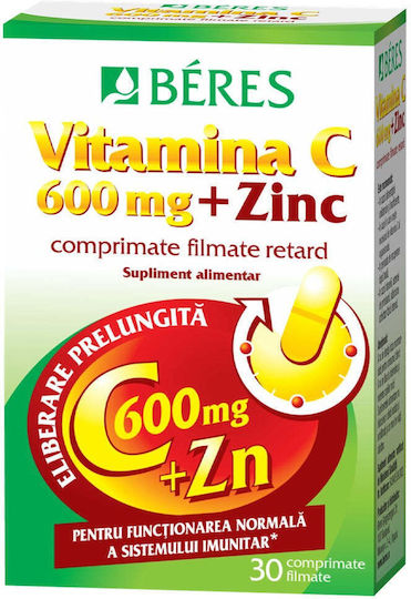 Béres Vitamina C + Zinc Vitamine Pentru Întărirea Imunității Pielii Și Acțiune Antioxidantă 600mg 30 Comprimate
