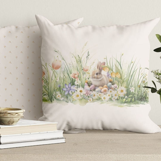 Față De Pernă Din Bumbac Decorativ 45x45cm Flori Iepurași Ouă Tuli