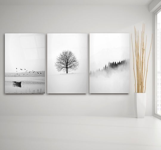 Threefold Glass Set of Black and White Landscape Paintings (35x50cm)