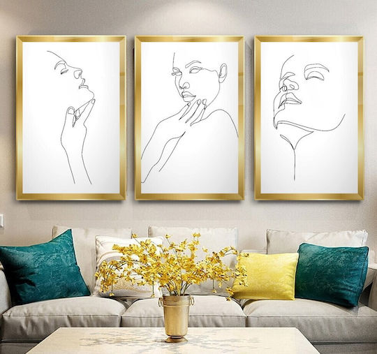 Dreifach Glas Set Mit Minimal Porträt - Weiß/Gold (60x90cm)