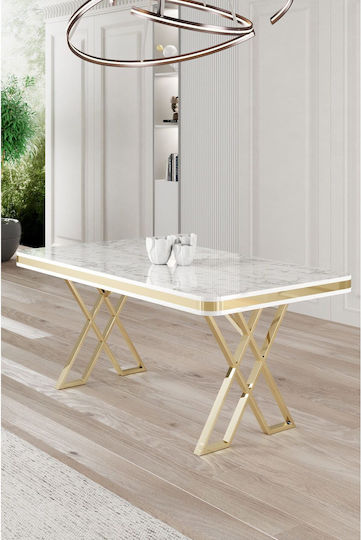 Vals Dining Table with Marble Surface White-Gold 130x80x74cm