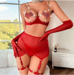 Aph Sexy Set Red Σεξυ Σετ Εσωρούχων Κόκκινο Αλυσίδα Js5314