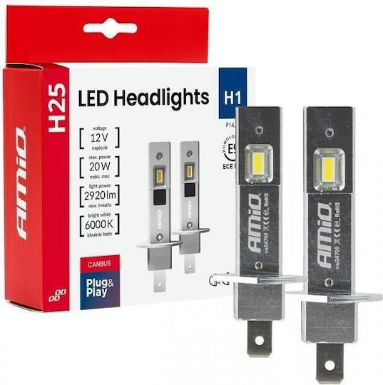 AMiO Λάμπες Αυτοκινήτου & Μοτοσυκλέτας H1 Canbus LED 6000K Ψυχρό Λευκό 12V 20W 2τμχ
