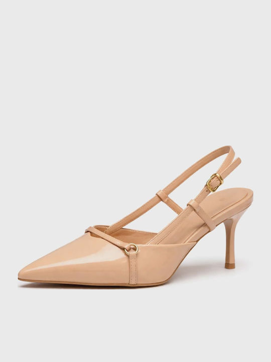 Inia Pointed Toe Heels in Patent Leather with Strap & Mid Heel Pink