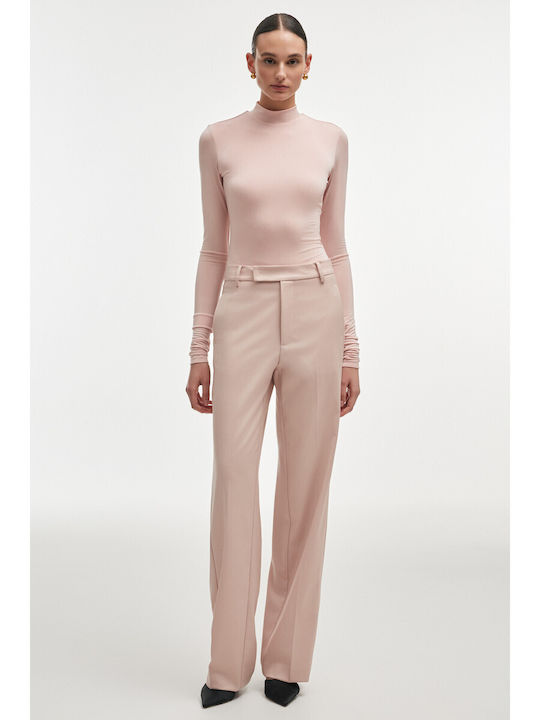Women's High Waist Fabric Trousers in Straight Leg Style Pink