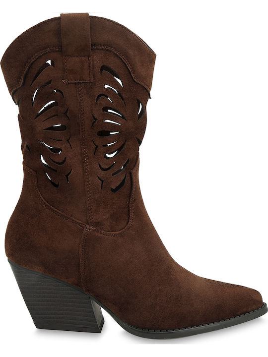 Suede Women's Ankle Boots Cowboy with Mid Heel Brown