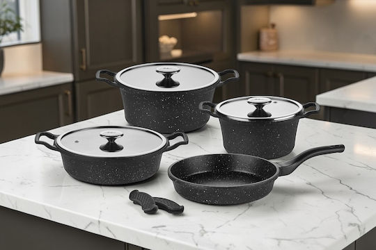 SteweHome Pots and Pans Sets 7 Pieces Cast Aluminum Non-stick Black 26cm