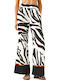 Women's High Rise Fabric Trousers with Elastic Waist in Straight Leg Leopard Ecru-Brown-Black