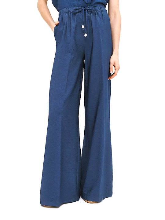 Women's High Waist Pantaloons with Rubber Band in Straight Leg Style Blue