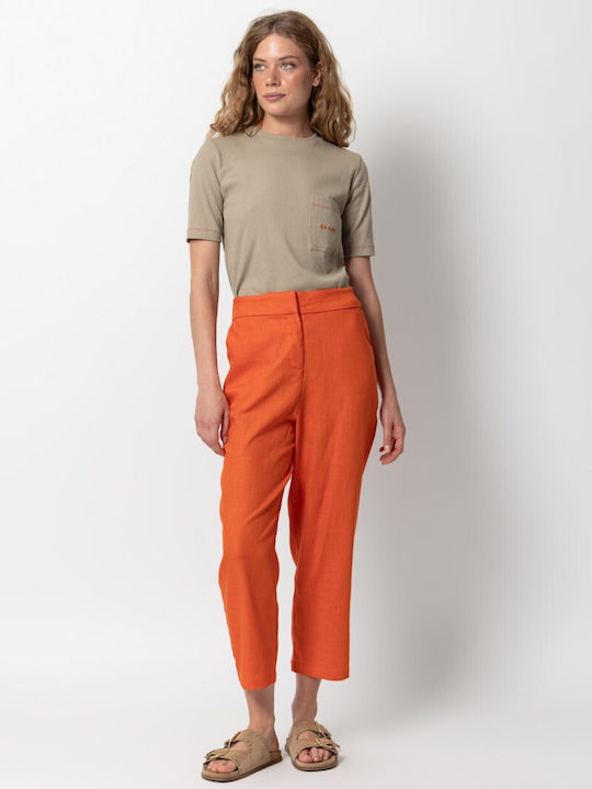 Women's Linen Capri Trousers with Rubber Band Orange 55-04-029A-3