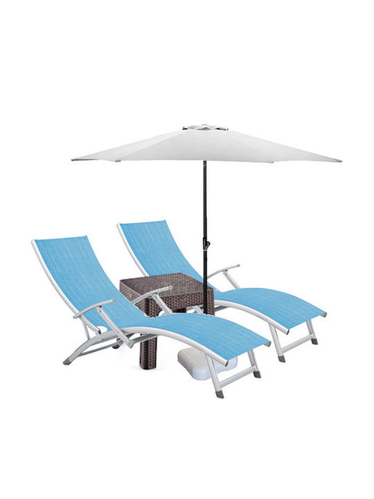 Șezlong din Aluminiu Albastru Set cu Masă 2 Bucăți 170x52 cm