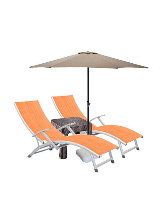 Șezlong Aluminiu Portocaliu Set Cu Masă 2 Buc 170x52cm
