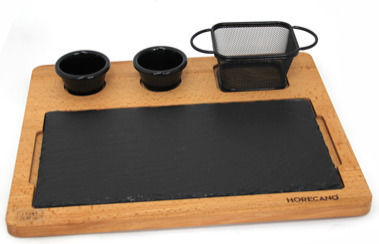 Set De Servire Raki Placă Din Lemn 38x32xh1.5cm Placă Din Șist 1/3 Coș De Servire Pentru Cartofi Prajiți Cu 2 Boluri Pentru Sos