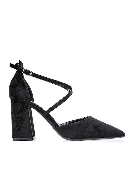 Suede Γόβες με Λουράκι & Ψηλό Τακούνι Μαύρες