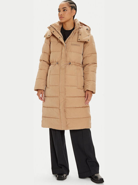 Μακρύ Γυναικείο Puffer Μπουφάν για Χειμώνα Beige