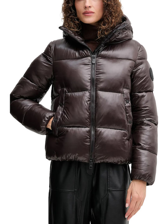 Women's Puffer Jacket for Winter Brown Black