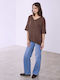 Celestino Women's Blouse Turned Sleeve Loose Fit Brown