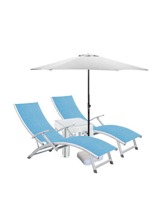 Șezlong Aluminiu Albastru Set Cu Masă 2 Buc 170x52cm