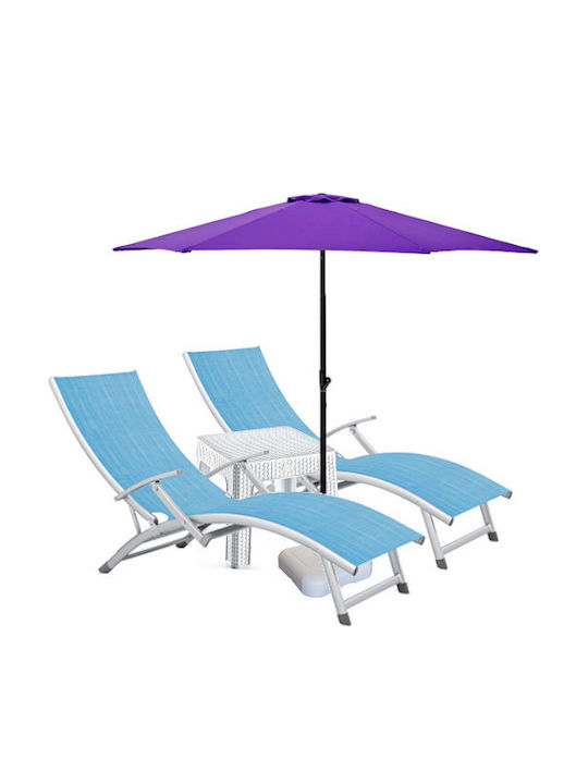 Șezlong Aluminiu Albastru Set Cu Masă 2 Buc 170x52cm