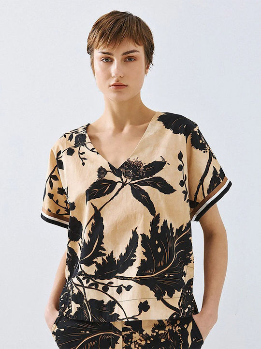 Women's Cotton Short Sleeve Blouse with V-Neckline Striped Printed