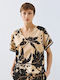 Women's Cotton Short Sleeve Blouse with V-Neckline Striped Printed