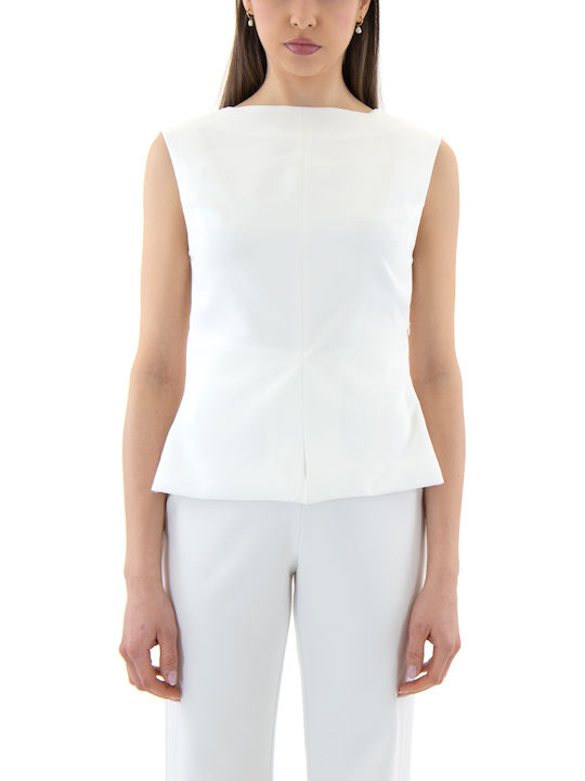 Zoya Damen Bluse Satin Ärmellose mit V-Ausschnitt Weiß