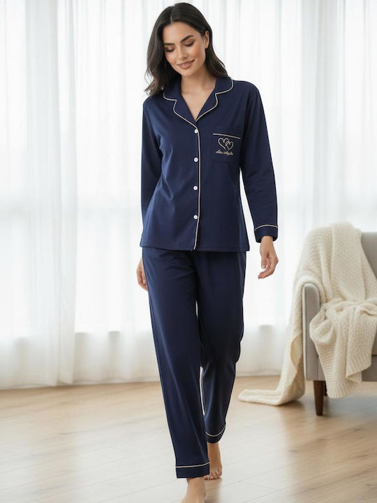 Winter Damen Schlafanzug Set Blau