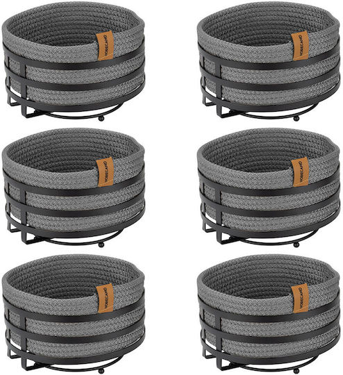 Set 6 Coșuri Rotunde Pentru Pâine Cu Suport Culinaro Coș Împletit Gri Antracit Cu Șnur Textil D19xh7cm Suport Metalic Negru