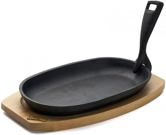 Platou Oval De Servire Din Fontă 24x14 Cm Cu Mâner Detasabil Suport Din Lemn Heinner Dcn65356
