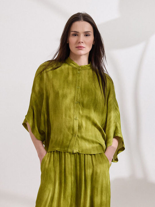 Long Sleeve Women's Satin Shirt Olive