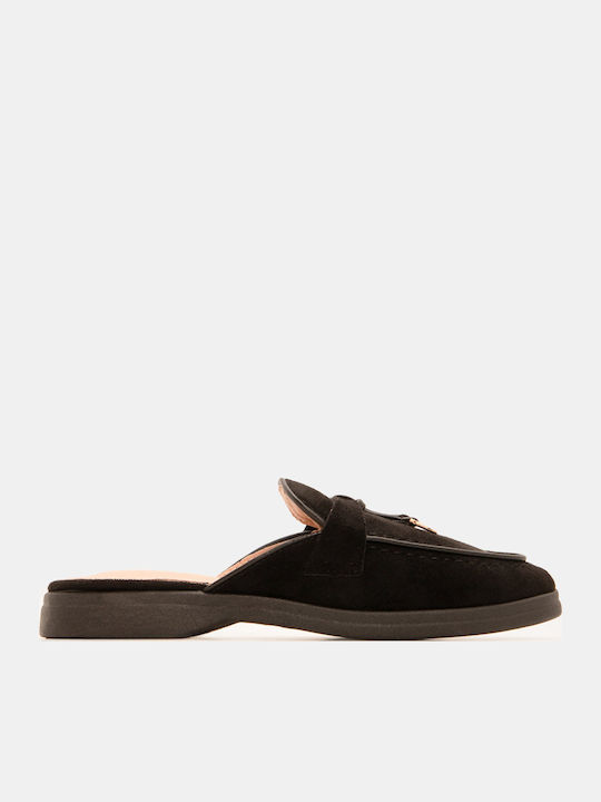 Luigi Flat Suede Mules In Black Colour