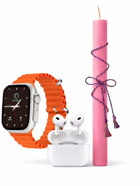 Roza Σετ Πασχαλινής Λαμπάδας Smartwatch Μαύρο Νέας Γενιάς Ασύρματα Ακουστικά Bluetooth & 7 Λουράκια – Ροζ Λαμπάδα 30cm