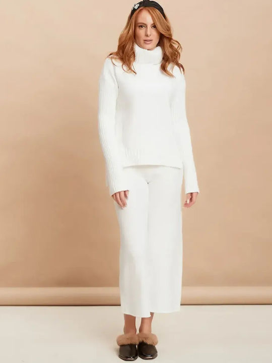 Knitted Set Trousers Blouse Turtleneck White Si...