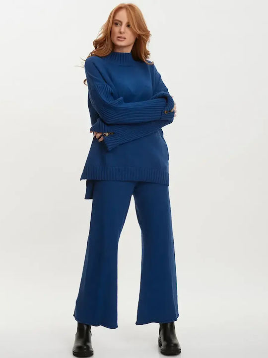 Knitted Set Trousers Blouse Turtleneck Blue Siz...