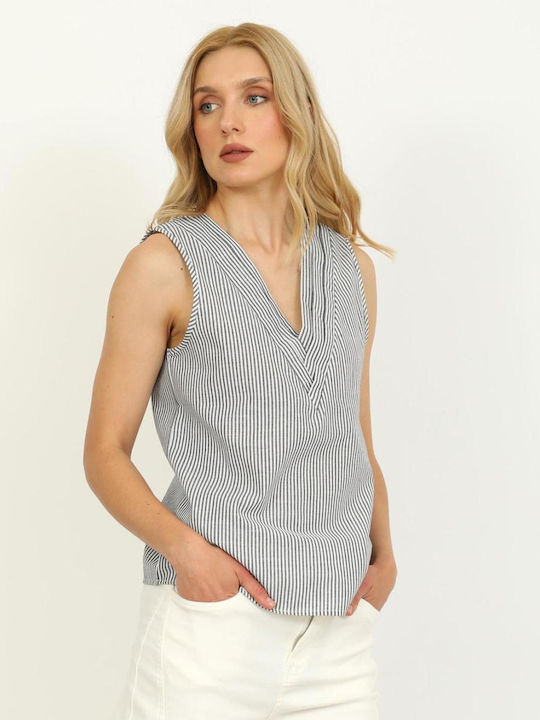 Women's Cotton Blouse with V Neckline Striped Black