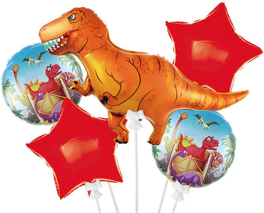 Set 5 Baloane Rotunde Zi De Naștere Dinozauri Folie Roșii Jumbo 104 cm